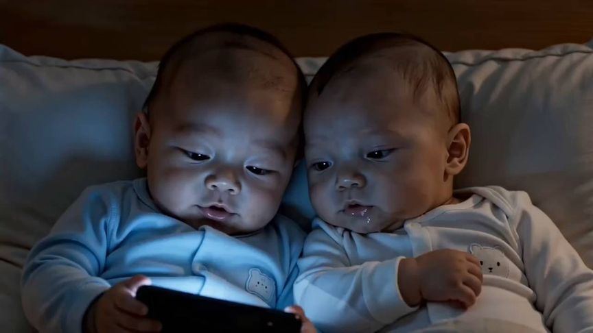 两个可爱的小宝宝专注地看着手机，萌翻啦！😍📱